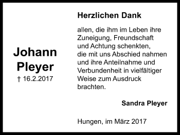Traueranzeige von Johann Pleyer von Licher Wochenblatt, Licher Wochenblatt, Licher Wochenblatt