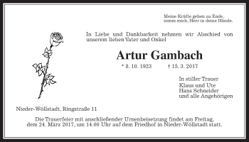 Traueranzeige von Artur Gambach von Wetterauer Zeitung, Wetterauer Zeitung