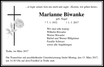 Traueranzeige von Marianne Biwanke von Giessener Allgemeine, Alsfelder Allgemeine