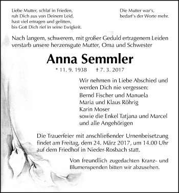 Traueranzeige von Anna Semmler von Wetterauer Zeitung, Wetterauer Zeitung