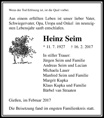 Traueranzeige von Heinz Seim von Giessener Allgemeine, Alsfelder Allgemeine
