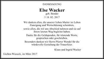 Traueranzeige von Else Wacker von Giessener Allgemeine, Alsfelder Allgemeine