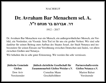 Traueranzeige von Avraham Bar  Menachem von Giessener Allgemeine, Alsfelder Allgemeine