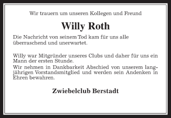 Traueranzeige von Willy Roth von Wetterauer Zeitung, Wetterauer Zeitung