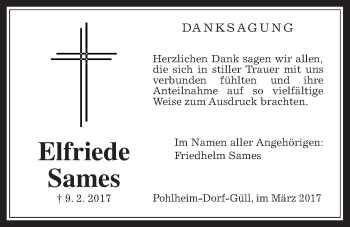 Traueranzeige von Elfriede Sames von Giessener Allgemeine, Alsfelder Allgemeine