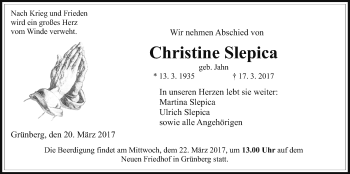 Traueranzeige von Christine Slepica von Giessener Allgemeine, Alsfelder Allgemeine