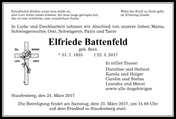 Traueranzeige von Elfriede Battenfeld von Giessener Allgemeine, Alsfelder Allgemeine