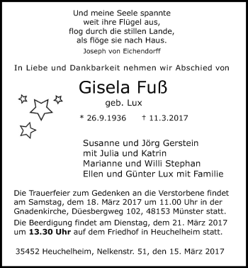 Traueranzeige von Gisela Fuß von Giessener Allgemeine, Alsfelder Allgemeine