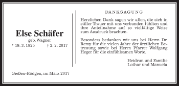 Traueranzeige von Else Schäfer von Giessener Allgemeine, Alsfelder Allgemeine
