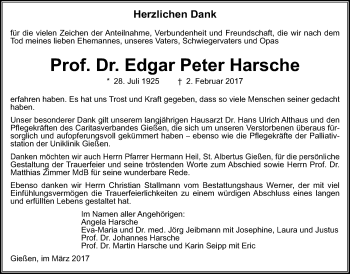 Traueranzeige von Edgar Peter Harsche von Giessener Allgemeine, Alsfelder Allgemeine