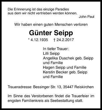 Traueranzeige von Günter Seipp von Licher Wochenblatt, Licher Wochenblatt, Licher Wochenblatt