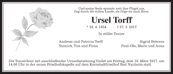 Traueranzeige von Ursel Torff von Wetterauer Zeitung, Wetterauer Zeitung