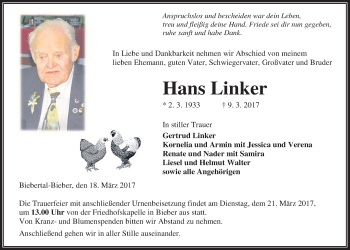 Traueranzeige von Hans Linker von Giessener Allgemeine, Alsfelder Allgemeine