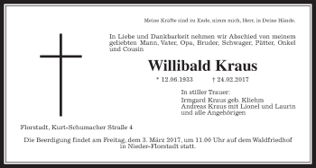 Traueranzeige von Willibald Kraus von Wetterauer Zeitung, Wetterauer Zeitung