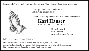 Traueranzeige von Karl Häuser von Giessener Allgemeine, Alsfelder Allgemeine