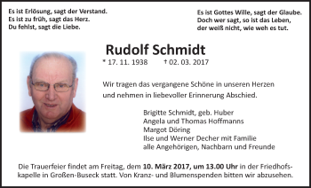 Traueranzeige von Rudolf Schmidt von Giessener Allgemeine, Alsfelder Allgemeine