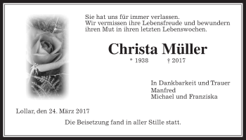 Traueranzeige von Christa Müller von Giessener Allgemeine, Alsfelder Allgemeine