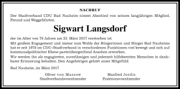 Traueranzeige von Sigwart Langsdorf von Wetterauer Zeitung, Wetterauer Zeitung