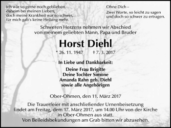 Traueranzeige von Horst Diehl von Alsfelder Allgemeine