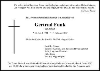 Traueranzeige von Gertrud Funk von Wetterauer Zeitung, Wetterauer Zeitung