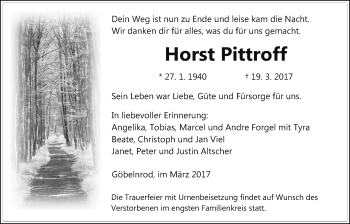 Traueranzeige von Horst Pittroff von Giessener Allgemeine, Alsfelder Allgemeine