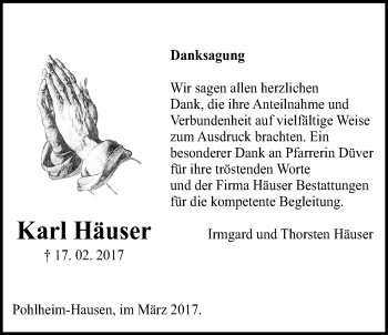 Traueranzeige von Karl Häuser von Pohlheimer Nachrichten