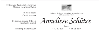 Traueranzeige von Anneliese Schütze von Wetterauer Zeitung, Wetterauer Zeitung