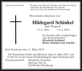 Traueranzeige von Hildegard Schinkel von Wetterauer Zeitung, Wetterauer Zeitung