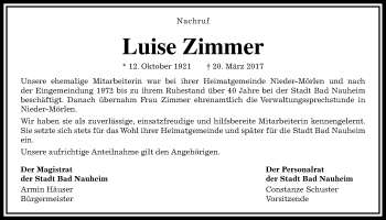 Traueranzeige von Luise Zimmer von Wetterauer Zeitung, Wetterauer Zeitung