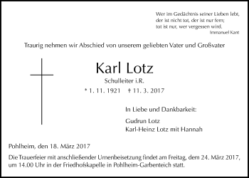 Traueranzeige von Karl Lotz von Giessener Allgemeine, Alsfelder Allgemeine