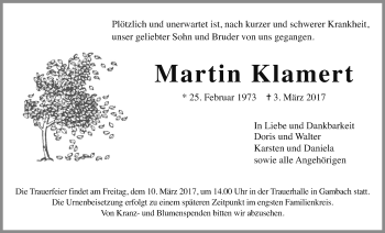 Traueranzeige von Martin Klamert von Wetterauer Zeitung, Wetterauer Zeitung