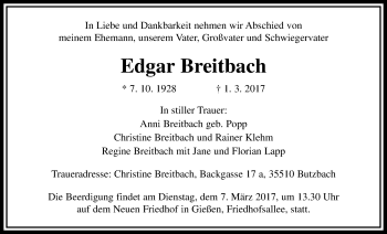 Traueranzeige von Edgar Breitbach von Giessener Allgemeine, Alsfelder Allgemeine