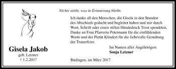 Traueranzeige von Gisela Jakob von Licher Wochenblatt, Licher Wochenblatt, Licher Wochenblatt