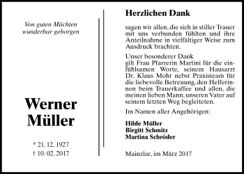 Traueranzeige von Werner Müller von Giessener Allgemeine, Alsfelder Allgemeine