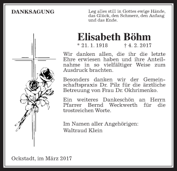 Traueranzeige von Elisabeth Böhm von Wetterauer Zeitung, Wetterauer Zeitung