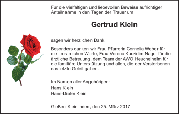 Traueranzeige von Gertrud Klein von Giessener Allgemeine, Alsfelder Allgemeine