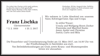 Traueranzeige von Franz Lischka von Giessener Allgemeine, Alsfelder Allgemeine