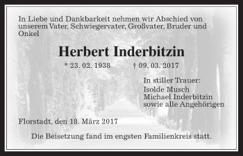 Traueranzeige von Herbert Inderbitzin von Wetterauer Zeitung, Wetterauer Zeitung