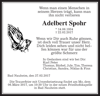 Traueranzeige von Adelbert Spohr von Wetterauer Zeitung, Wetterauer Zeitung