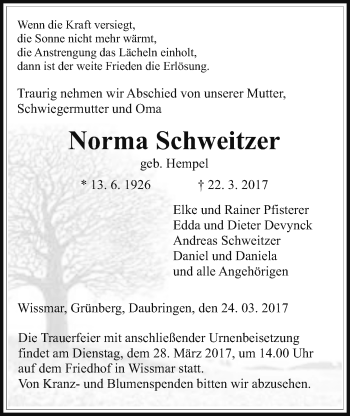 Traueranzeige von Norma Schweitzer von Giessener Allgemeine, Alsfelder Allgemeine