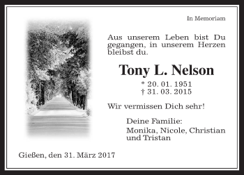 Traueranzeige von Tony  Nelson von Giessener Allgemeine, Alsfelder Allgemeine