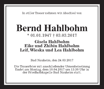 Traueranzeige von Bernd Hahlbohm von Wetterauer Zeitung, Wetterauer Zeitung