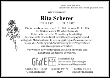 Traueranzeige von Rita Scherer von Wetterauer Zeitung, Wetterauer Zeitung