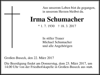 Traueranzeige von Irma Schumacher von Giessener Allgemeine, Alsfelder Allgemeine