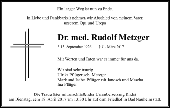 Traueranzeige von Rudolf Metzger von Wetterauer Zeitung, Wetterauer Zeitung