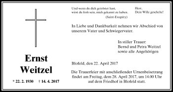 Traueranzeige von Ernst Weitzel von Wetterauer Zeitung, Wetterauer Zeitung