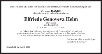 Traueranzeige von Elfriede Genoveva Helm von Alsfelder Allgemeine