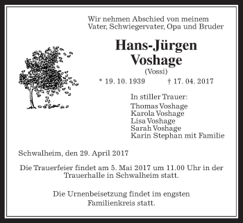 Traueranzeige von Hans-Jürgen Voshage von Wetterauer Zeitung, Wetterauer Zeitung