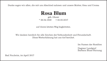 Traueranzeige von Rosa Blum von Wetterauer Zeitung, Wetterauer Zeitung