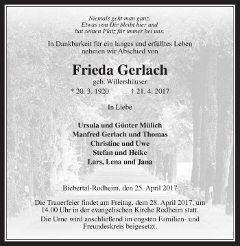 Traueranzeige von Frieda Gerlach von Giessener Allgemeine, Alsfelder Allgemeine